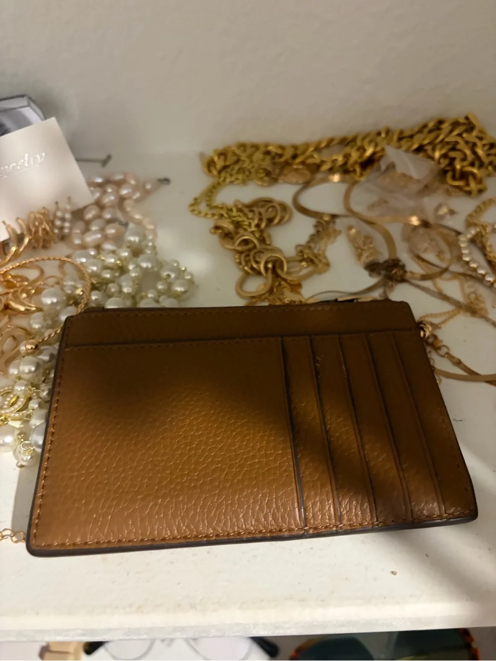 Tory Burch Brown Pebbled Leather Card Case with Gold Logo